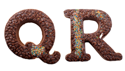 Q-R Alphabet made of brigadeiro with sprinkles and delicious chocolate cake letters Q R isolated on white background sweet dessert typography