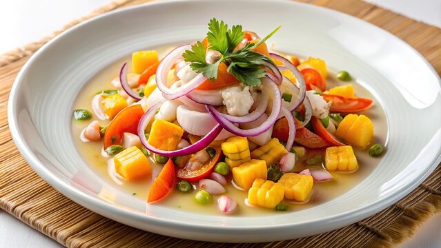 High angle view Peruvian seafood cebiche on white plate