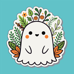 Smiling ghost Sticker surrounded by autumn foliage and florals, for web design, greeting cards, festive seasonal patterns