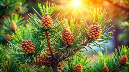 Fototapeta premium Pine Cones Bask in Golden Sunlight on Lush Evergreen Branch