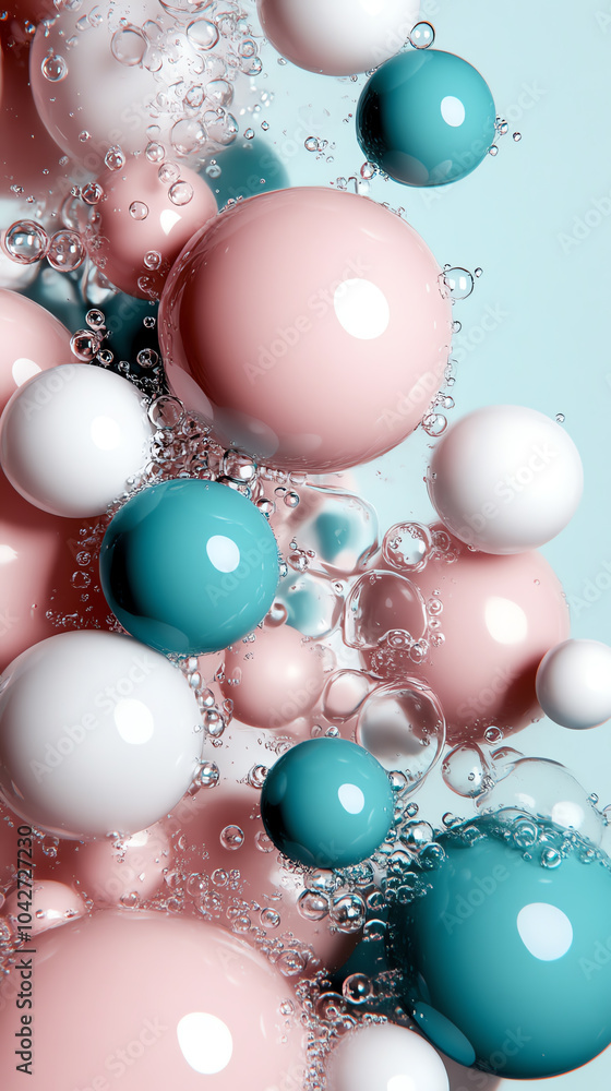 Poster abstract composition of colored spheres and bubbles in a soft color palette