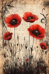 Captivating red poppies against vintage script a stunning floral art piece for nature lovers and decor enthusiasts