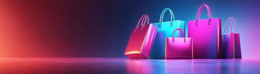 A vibrant display of colorful shopping bags illuminated against a dark background, capturing a modern retail aesthetic.
