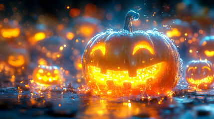 Glowing Jack-o'-Lantern with Water Splashes 3D Illustration