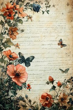 A beautiful fusion of nature and art delicate flowers butterflies and historical manuscript background in floral design aesthetic