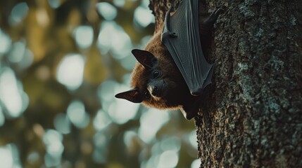 Fototapeta premium A close-up of a bat hanging on a tree, showcasing its features and natural habitat.