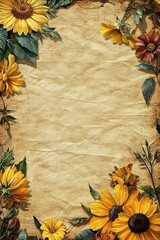 Beautiful floral border with sunflowers and dried flowers on vintage paper background for artistic designs and crafts