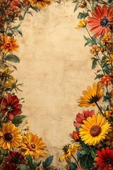 Elegant floral frame with vibrant sunflowers and colorful blooms for beautiful invitations and creative designs