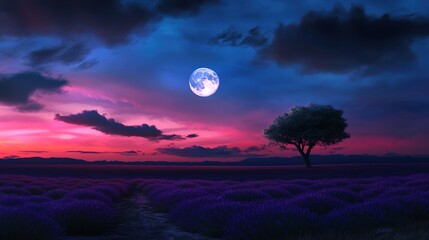 Glowing Lavender Fields Under a Full Moon