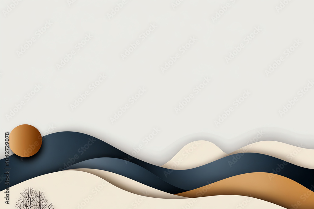 Poster abstract landscape design with flowing waves and minimalist elements