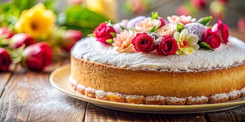 A Delicate Cake Adorned with Blossoms, a Rustic Table Setting, and a Touch of Powdered Sugar