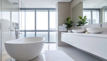 An elegant bathroom with a white vanity, gray walls, and natural light 3. Generative AI