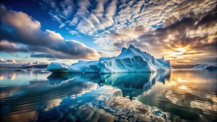 Iceberg floating in arctic waters with a dramatic sky and reflection on the water's surface , Iceberg, Arctic, Water, Reflection