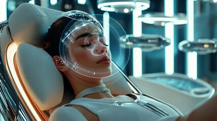 Futuristic ai facial analysis for woman in high-tech lab setting - Powered by Adobe