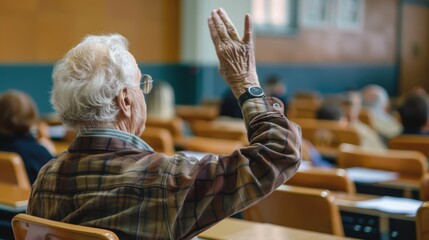In a lively classroom, an elderly student raises hand, eager to share insights and engage in the learning process among classmates