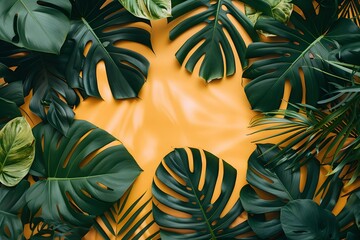 A bunch of green leaves on a yellow background