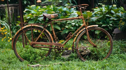 Fototapeta premium An old oak tire on a green grass natural outside and antique design antique bicycle