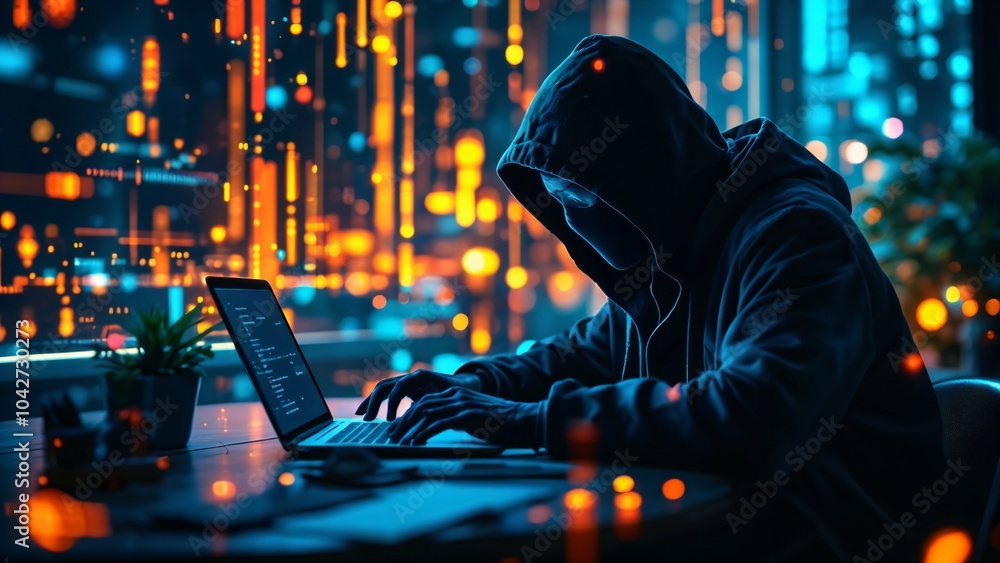 Poster an enigmatic figure engrossed in digital shadows: a glimpse into the cyber world of a tech-savvy hac