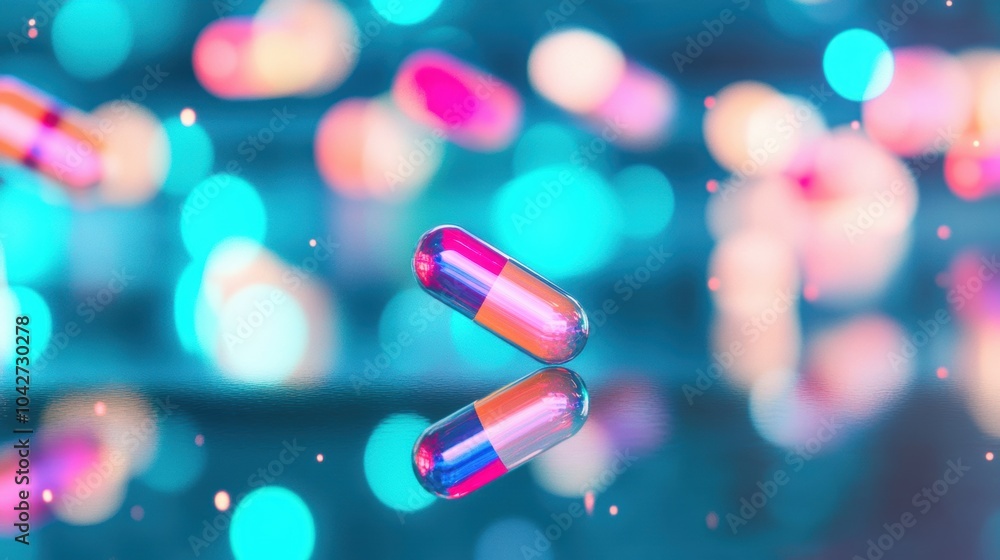 Poster colorful capsules hover in an ethereal atmosphere, surrounded by soft bokeh lights that add depth an