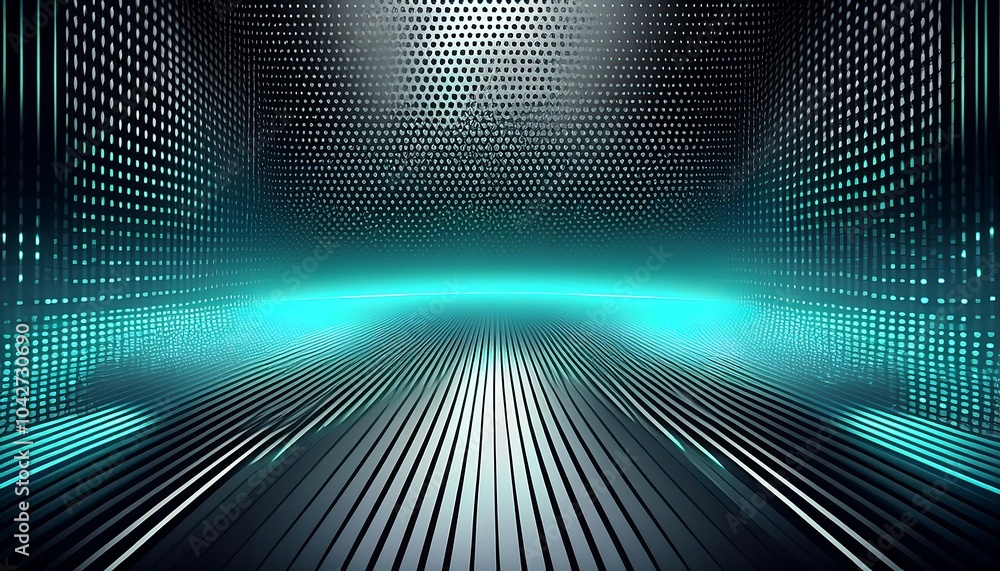 Poster abstract futuristic background with glowing blue light and a metallic grid floor.
