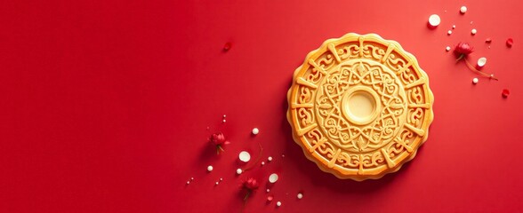 Obraz premium Cartoon greeting card with Mooncakes and fall leaves on red background. Mid-autumn festival greeting card. Traditional holiday sweet food for Chinese festive.