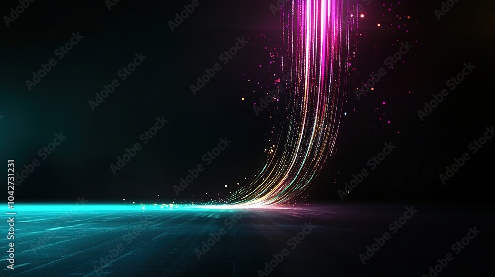 Poster luminous data streams converging in vibrant colors