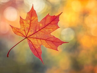 Fototapeta premium A vibrant red maple leaf delicately floating against a blurred autumn background filled with warm hues, capturing the essence of fall beauty.