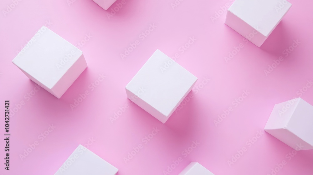 Poster a modern design feature showcases several white cubes placed casually on a lavender background, emph