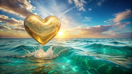Fototapeta premium A Golden Heart Emerges From the Ocean at Sunset, Its Surface Shimmering With Sunlit Waves