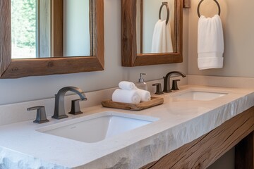 Fototapeta premium A stylish bathroom featuring two sinks, rustic mirrors, modern fixtures, and neatly arranged towels, creating a serene and inviting atmosphere.