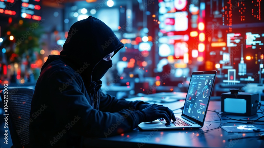 Poster mysterious figure immersed in a high-tech environment, skillfully navigating a laptop amidst a flurr