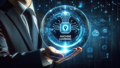 Businessman Presenting Machine Learning Concept: Futuristic Holographic Sphere with Digital Circuitry and Data Patterns, Symbolizing AI, Predictive Analytics, and Technological Innovation