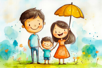 A cartoon illustration of a family of three, a man, a woman, and a child, standing together under a yellow umbrella on a grassy field with flowers