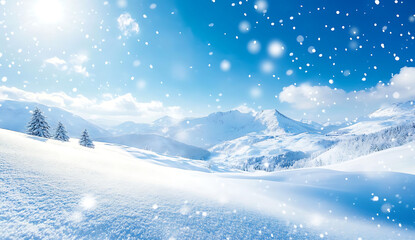Beautiful snow landscape with winter mountains and blue sky on a sunny day. Winter background with copy space for text, banner design. Snowy mountain scene with falling snowflakes. New Year or Christm