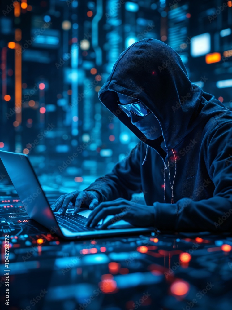 Poster in a digital realm: a mysterious hacker manipulating data in a neon-lit world of technology and intr