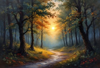 Dawn sunset by river. Morning in forest on pond water. Beautiful landscape acrylic watercolor oil painting - handmade modern fine art
