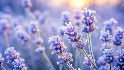 A delicate dusting of frost adorns lavender blossoms, creating a captivating contrast of purple and white against a backdrop of soft morning light.