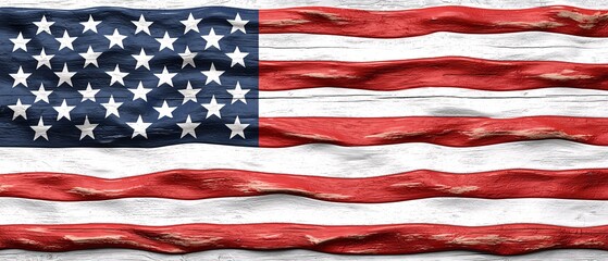 Wavy American Flag on Wooden Background