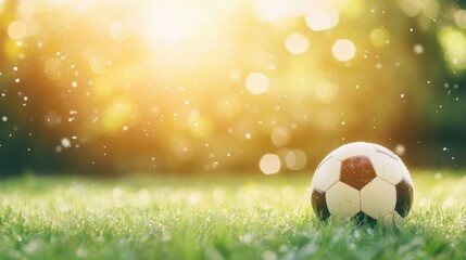 Fototapeta premium A soccer ball lies on vibrant grass, basking in the soft sunlight of a peaceful afternoon, inviting playful moments