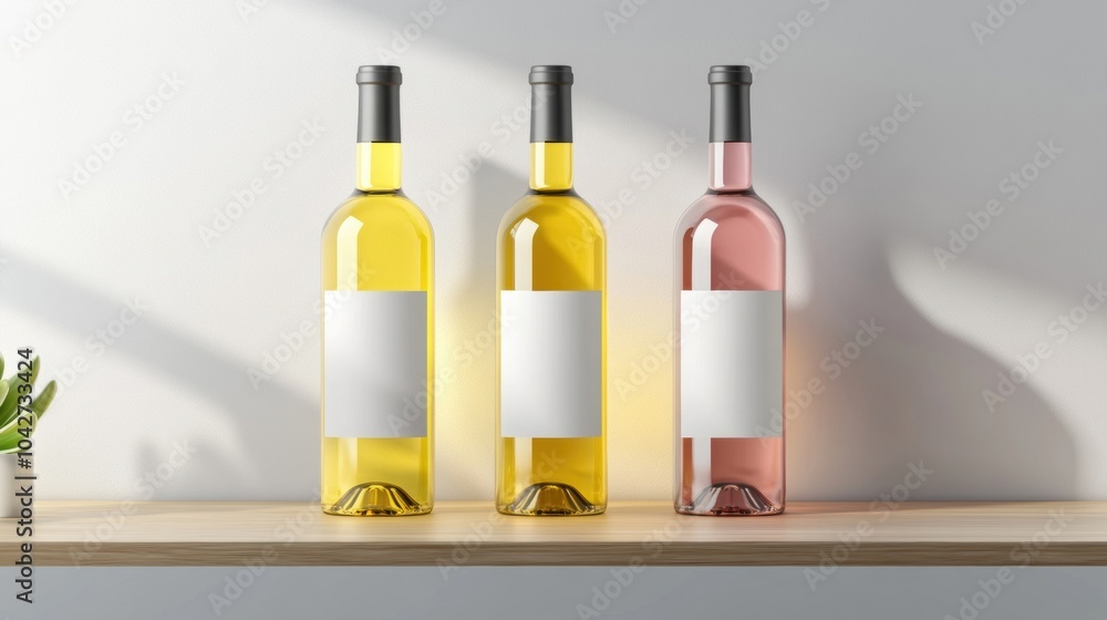 Poster three wine bottles with blank labels are arranged neatly on a wooden shelf, illuminated by soft ligh