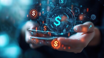 A person holding a smartphone with digital currency symbols and data graphics.