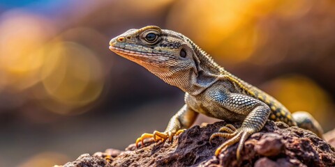 Obraz premium Shy lizard hunting insects on hot volcano rock, close-up view of scaled skin shedding , lizard, insect, molt, scaled skin