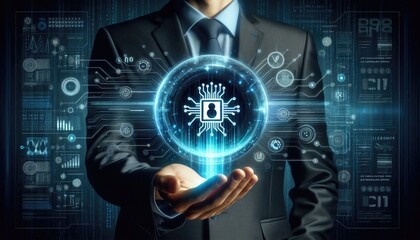 Businessman Presenting Machine Learning Concept: Futuristic Holographic Sphere with Digital Circuitry and Data Patterns, Symbolizing AI, Predictive Analytics, and Technological Innovation