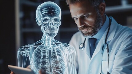 Doctor examining digital skeleton anatomy on tablet, Medical professional