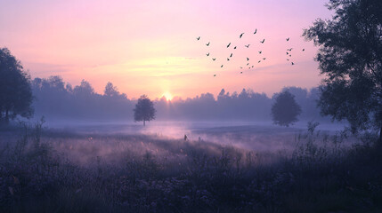 Naklejka premium A foggy landscape at dawn, where the fields are alive with the sounds of chirping birds.