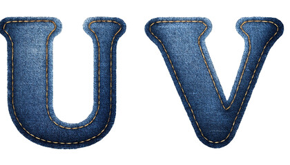 U-V Realistic sewn denim fabric letters U V isolated on white background textured alphabet stitching effect