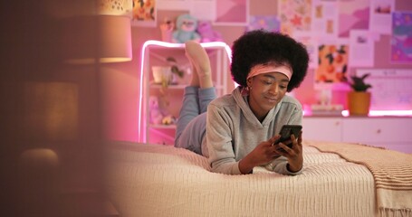 Woman, student and scroll with cellphone in home, bedroom or apartment with internet communication. Smartphone, browse and video on social media with girl typing in chat online relaxing on bed