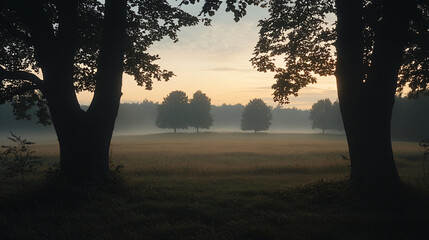 A tranquil scene of a foggy field at dawn, where the air is filled with the scent of earth.