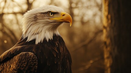 Obraz premium A majestic eagle gazes into the distance in a serene forest setting.