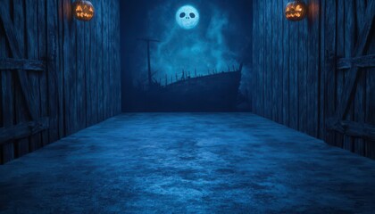Obraz premium A spooky scene with an eerie blue glow, featuring a full moon and a shadowy landscape, creating a chilling atmosphere perfect for Halloween-themed designs.